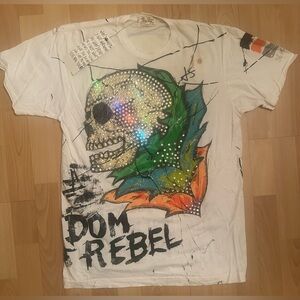 Y2K DOM REBEL SWAROVSKI CRYSTAL SKULL SHIRT HAND-PAINTED AND SIGNED BY DESIGNER